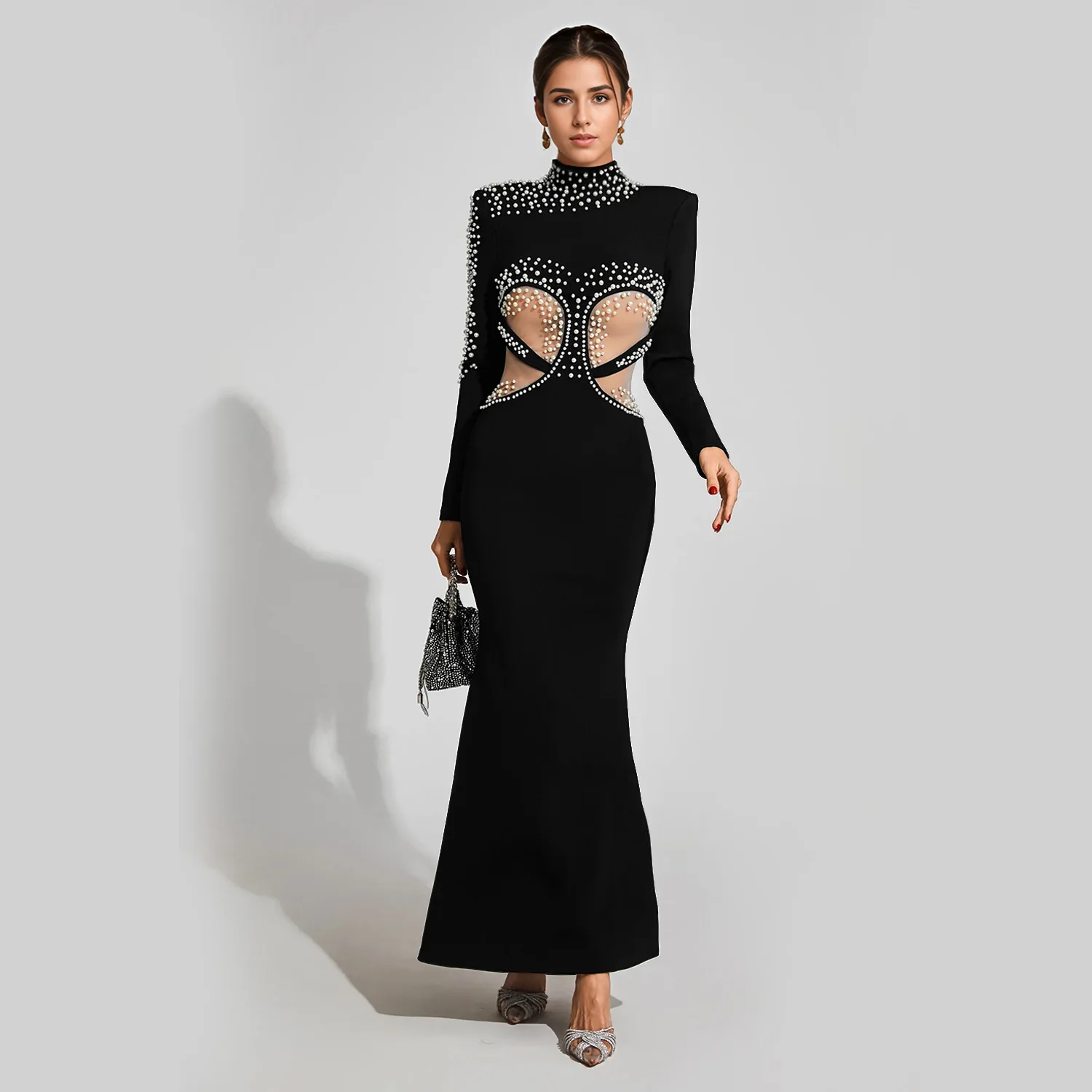 C7256 robe de pansement pour femme élégante de haute qualité à manches longues sirène robe de bal de luxe robe de perles pour la soirée