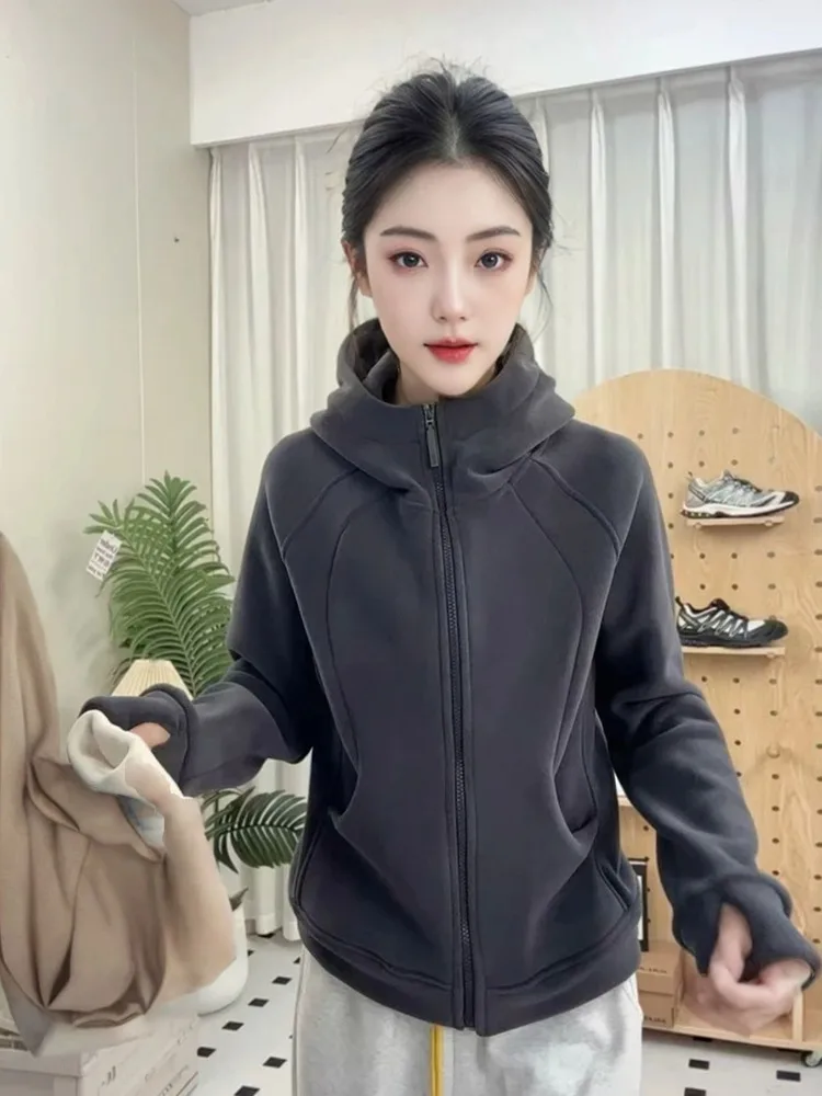 

Retro American Style Fleece Lined Hooded Short Cardigan Women's Slim Fit Thickened Autumn Winter Outerwear Zipper Closure