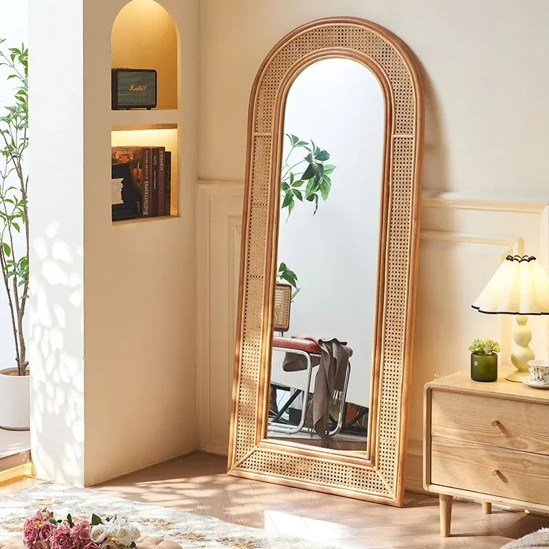 Wabi Sabi Indonesian Rattan Full Body Mirror Japanese Style Home Dressing Mirror for Bedroom Cloakroom Hotel Fitting Room