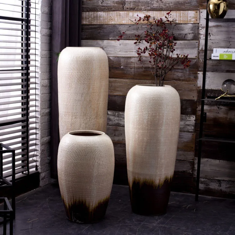 Jingdezhen floor-to-ceiling kiln change large combination three-piece set, pottery pot vase hotel clubhouse  soft decoration