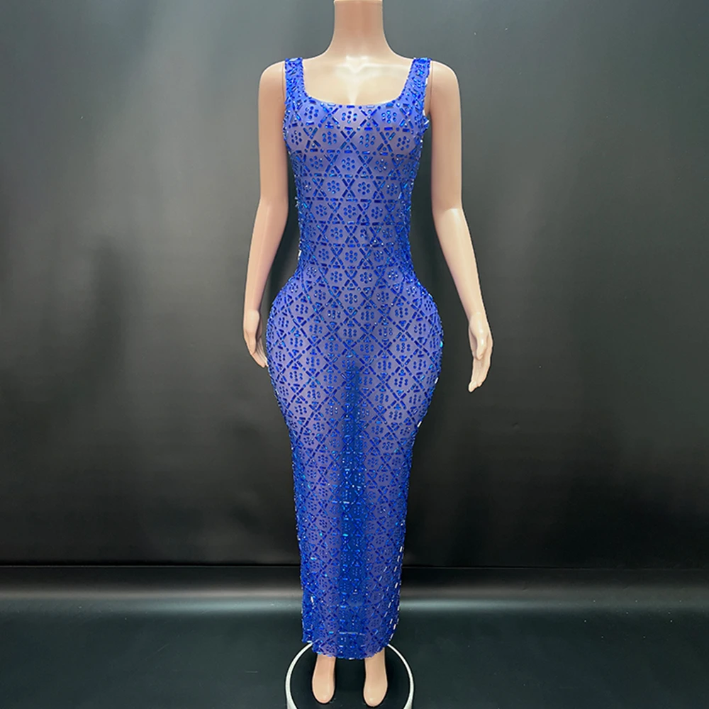 مثير المرحلة الأزرق الراين الأحمر فستان شبكي شفاف عيد ميلاد احتفال مساء زي الرقص أداء التقطت الصور