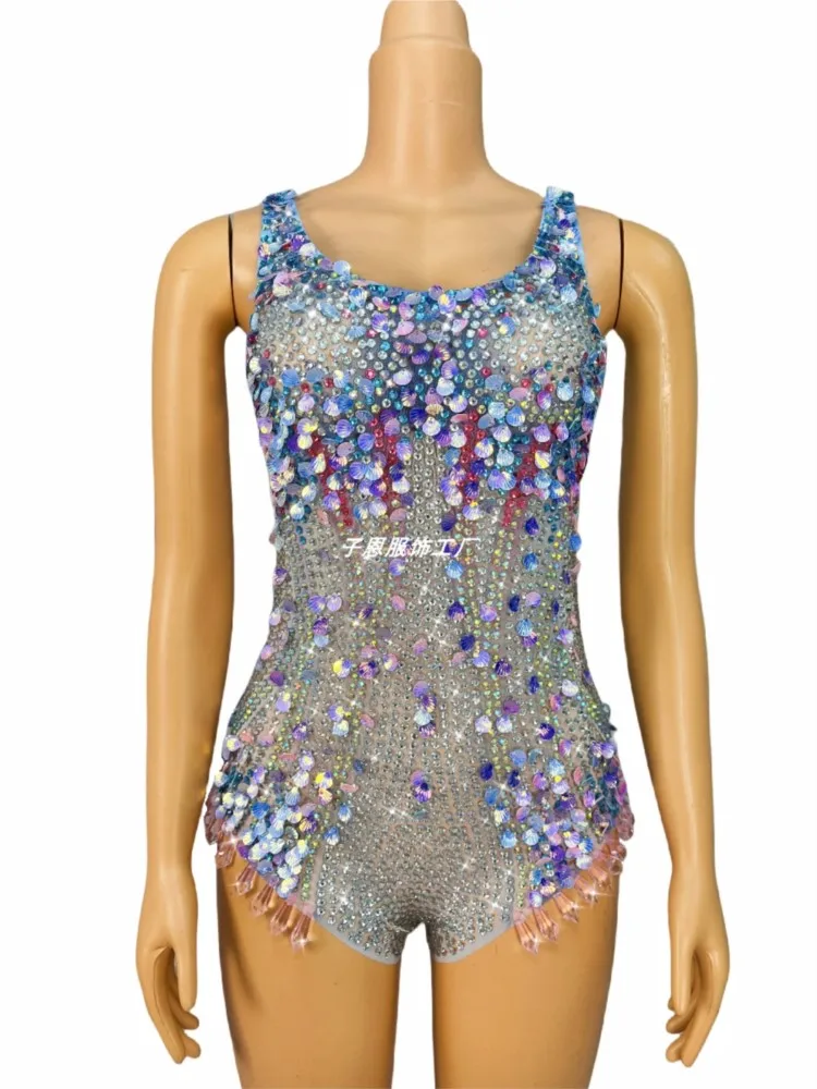 

New Sexy Shining Rhinestone Sequin Mesh Romper Girl Group Singer Dance Costume For Women