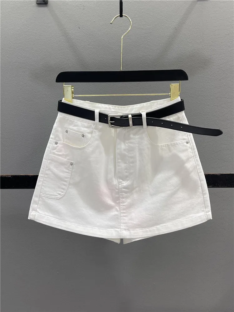 

High Waist A-Line Skirt Women's Denim Workwear Casual Anti-Light Short Skirt Pants Summer New Style White Color