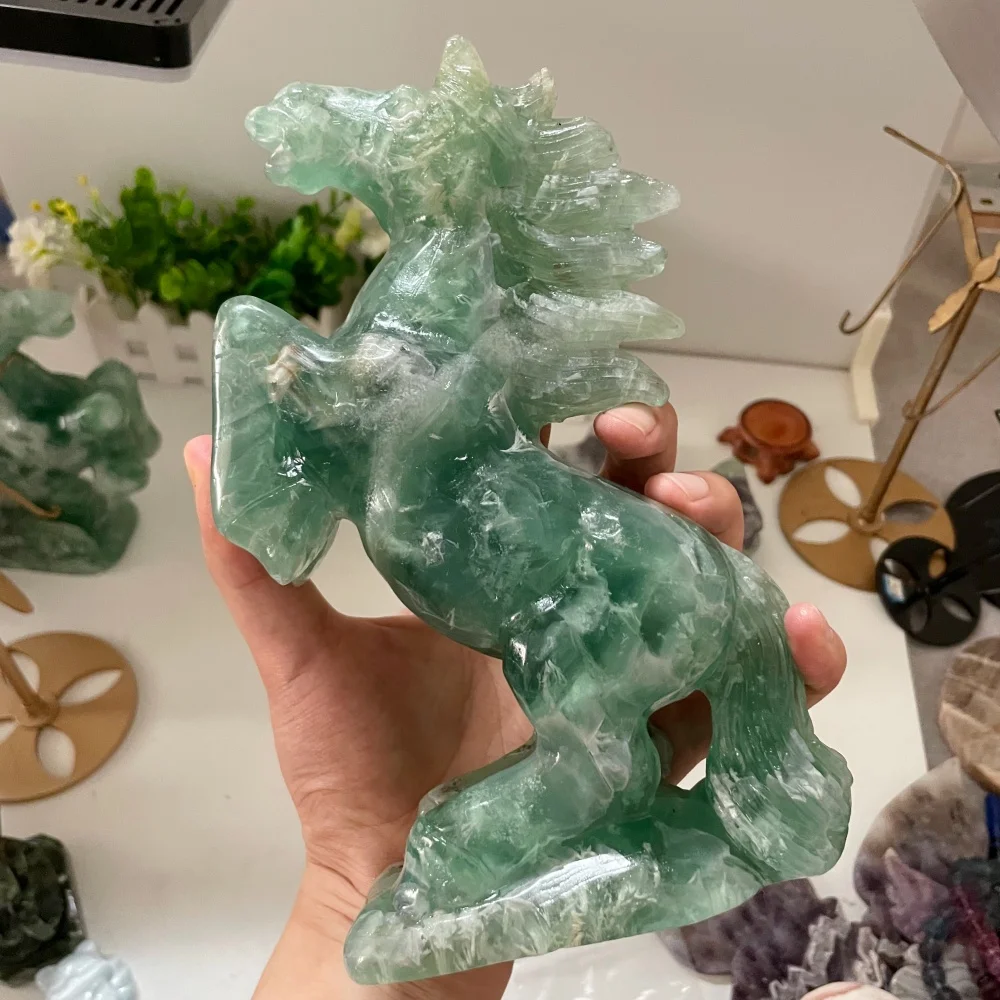 Natural Green Fluorite Horse Animal Quartz Carving Feng Shui Healing Home Decor Lucky Gift Fashion Feng Shui Decoration