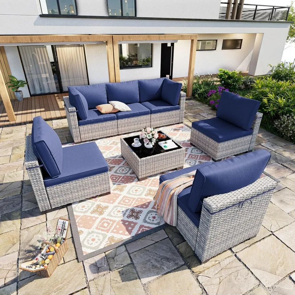 

7-Piece Patio Furniture Set, Outdoor Patio Furniture with Thick Cushions, Modular Patio Sofa, Dual-Strand Wicker Rattan Sofa