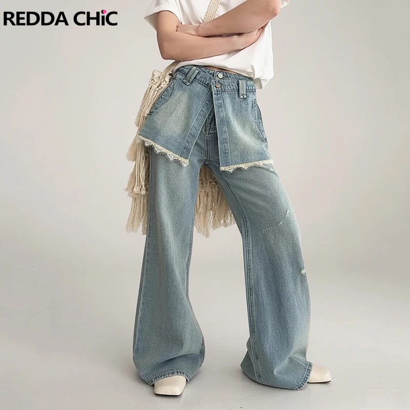 

REDDACHiC Двухслойные мешковатые джинсы в стиле пэчворк, кружевные широкие брюки с высокой посадкой, свободные повседневные брюки с запахом Y2k, корейская женская одежда