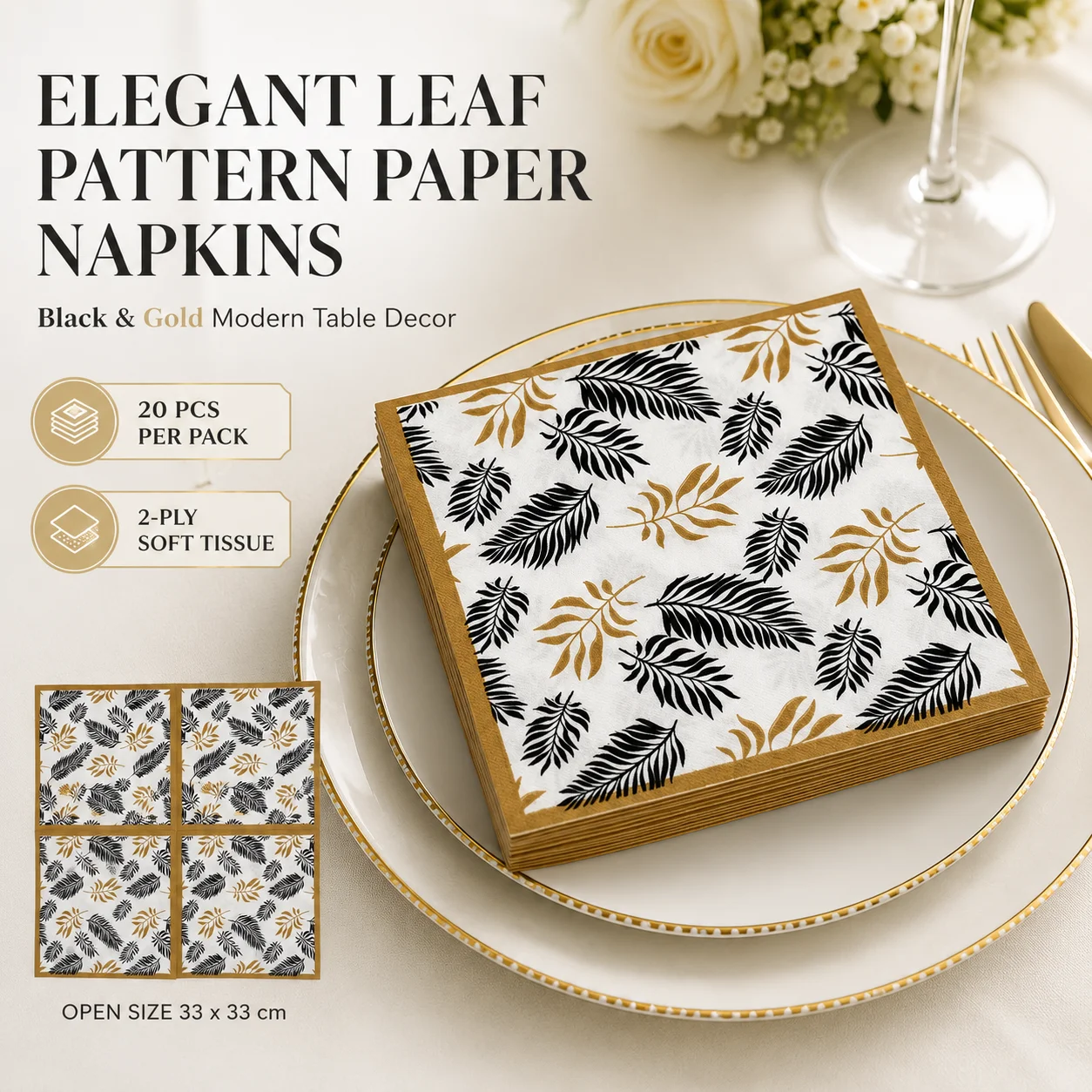 20PCS Black Gold Leaf Paper Napkins Elegant 2-Ply Tissue Napkin for Wedding Dinner Party Table Decoration