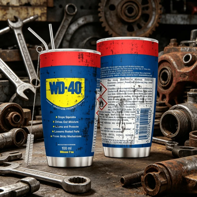 Vaso Térmico de Acero Inoxidable de Doble Pared de 20oz con Diseño de Filtro de Aceite de Motor WD40 y STP: Botella de Agua con Pajita y Tapa