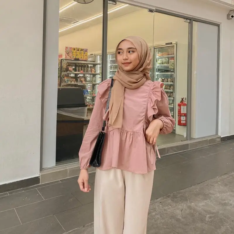Women Top Muslim Shirt Ruffles Blouse Lace Up Folds Round Collar Eid Ramadan Morocco Dubai Morocco Blouses Modest Casual Tops