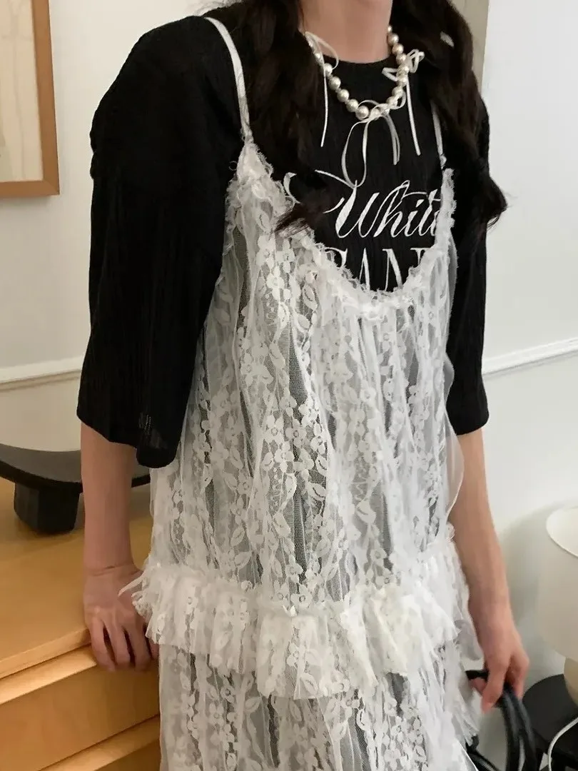 

Korean Style Irregular Slit Lace Halter Dress Women's Summer New Design Sensation Wooden Ear Overlap Long Dress