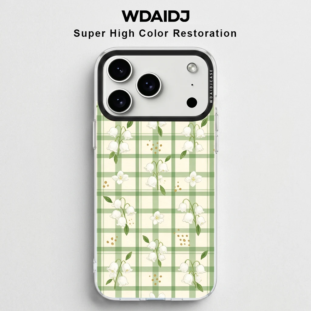 

Lily Of The Valley Print On Green Plaid Background Phone Case For iPhone 17 16 15 14 13 Cottagecore Floral Anti Drop Clear Cover