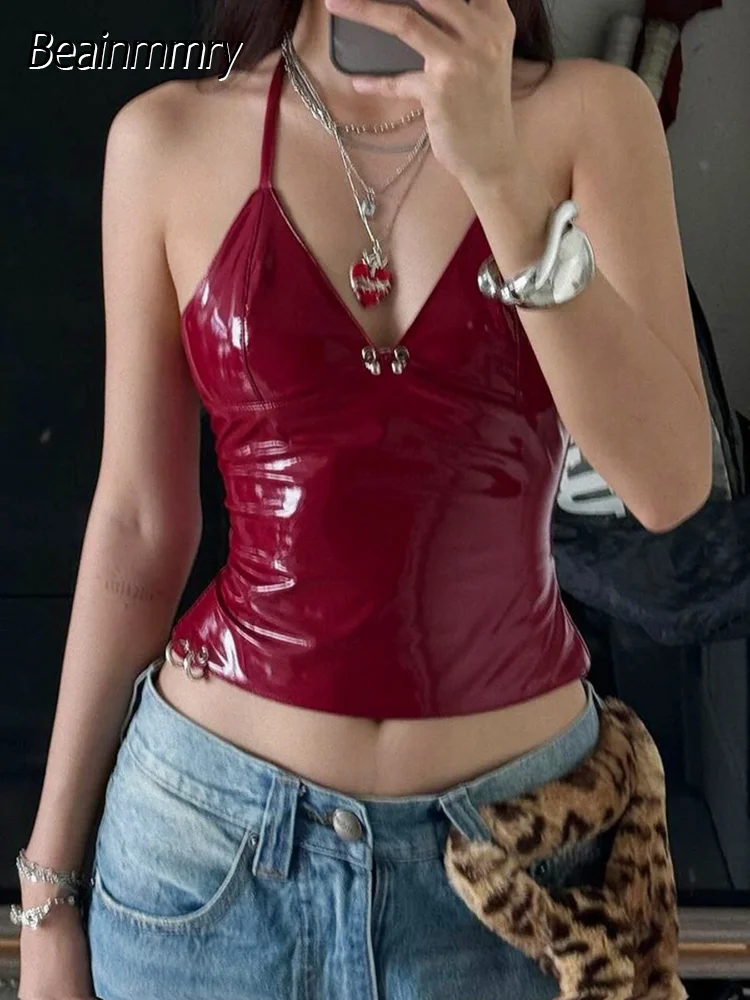 Sexy Fashion Wine Red V Neck Halter Top females  Sleeveless Pu Leather Punk Baddie Slim Women's Blouses New Streetwear Clothing