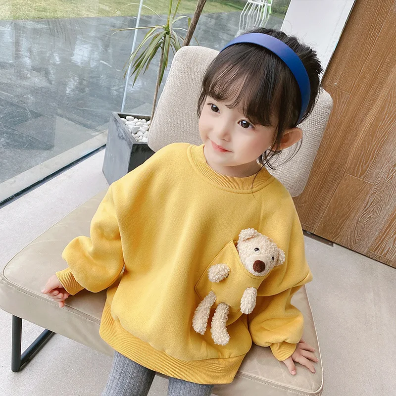 Boutique 2023 New Spring Girl Sweater Korean Version Thick Girls Kid Plus Velvet Top Cartoon Cute 2-6 Years old Children Clothes