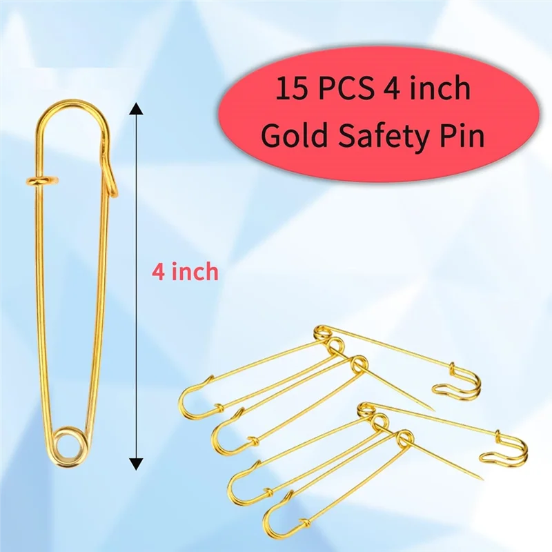 

ABGE-15Pcs Large Safety Pins Large Safety Pins Heavy Duty 4" Steel Safety Pins For Clothes Gold
