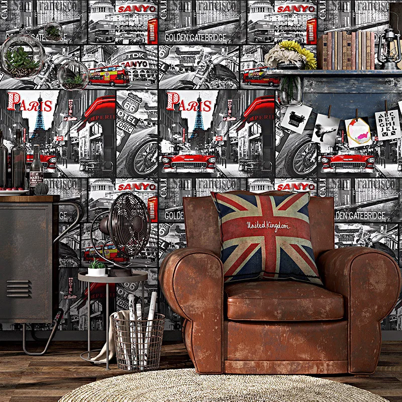 American retro retro wallpaper Loft industrial style newspaper poster wallpaper personality graffiti Internet bar background wal