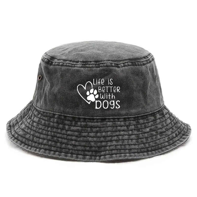 Life Is Better with A Dog Paw Print Washed Black Bucket Hat, Vintage Distressed Sun Hat, Casual Headwear for Dog Lovers