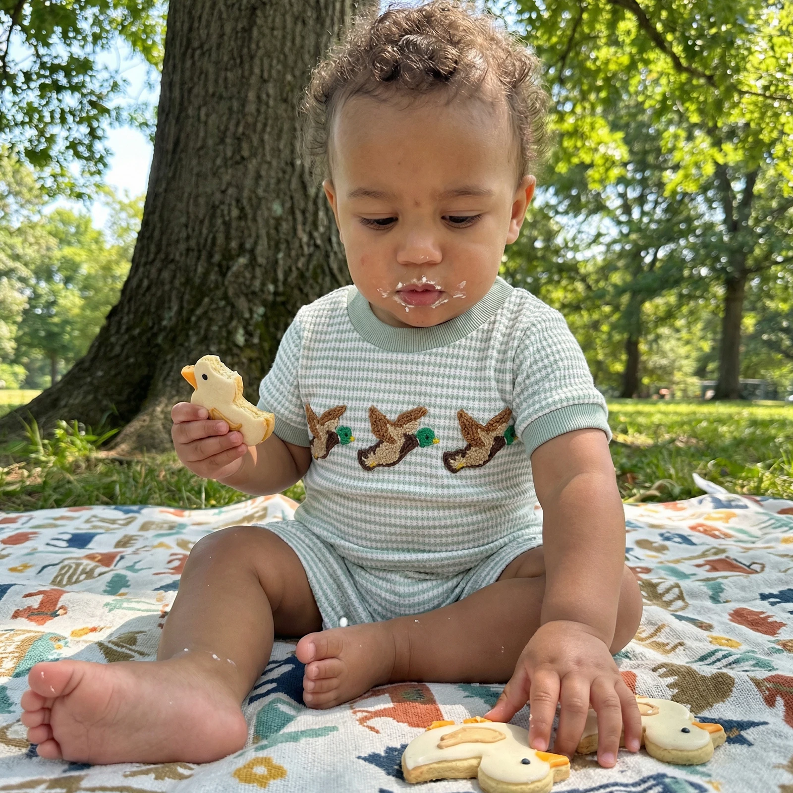 Baby Boy Summer Romper Casual Stylish Duck Embroidered Striped Crew Neck Short Sleeve Infant Jumpsuit
