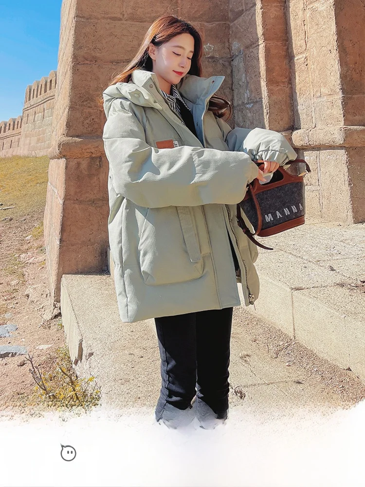 Winter Thiened down Cotton Jaet Women's ort Oversize Bread Sle Coat Korean Loose Fit Long Sve Zipper Closure