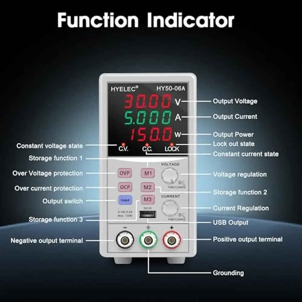 Variable Bench Power Supply with Memory 4-Digit LED Display 110V USB Surge Protection Switch Temperature Control 72H Test Record