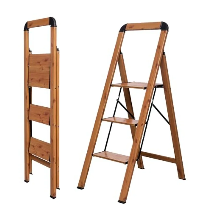 Escalera de Tijera de 3 Peldaños con Acabado Imitación Madera, Taburete Plegable de Aluminio con Pedal Ancho Antideslizante, Portátil y Resistente para el Hogar, la Cocina y la Oficina