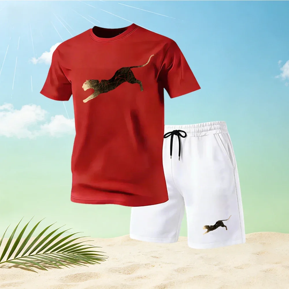 

2026 Summer Men's T-Shirts Sets O-neck Cheetah Pattern Print Sport Shorts Hot Sale Fashion Casual Daily Male Home Outdoor Sets