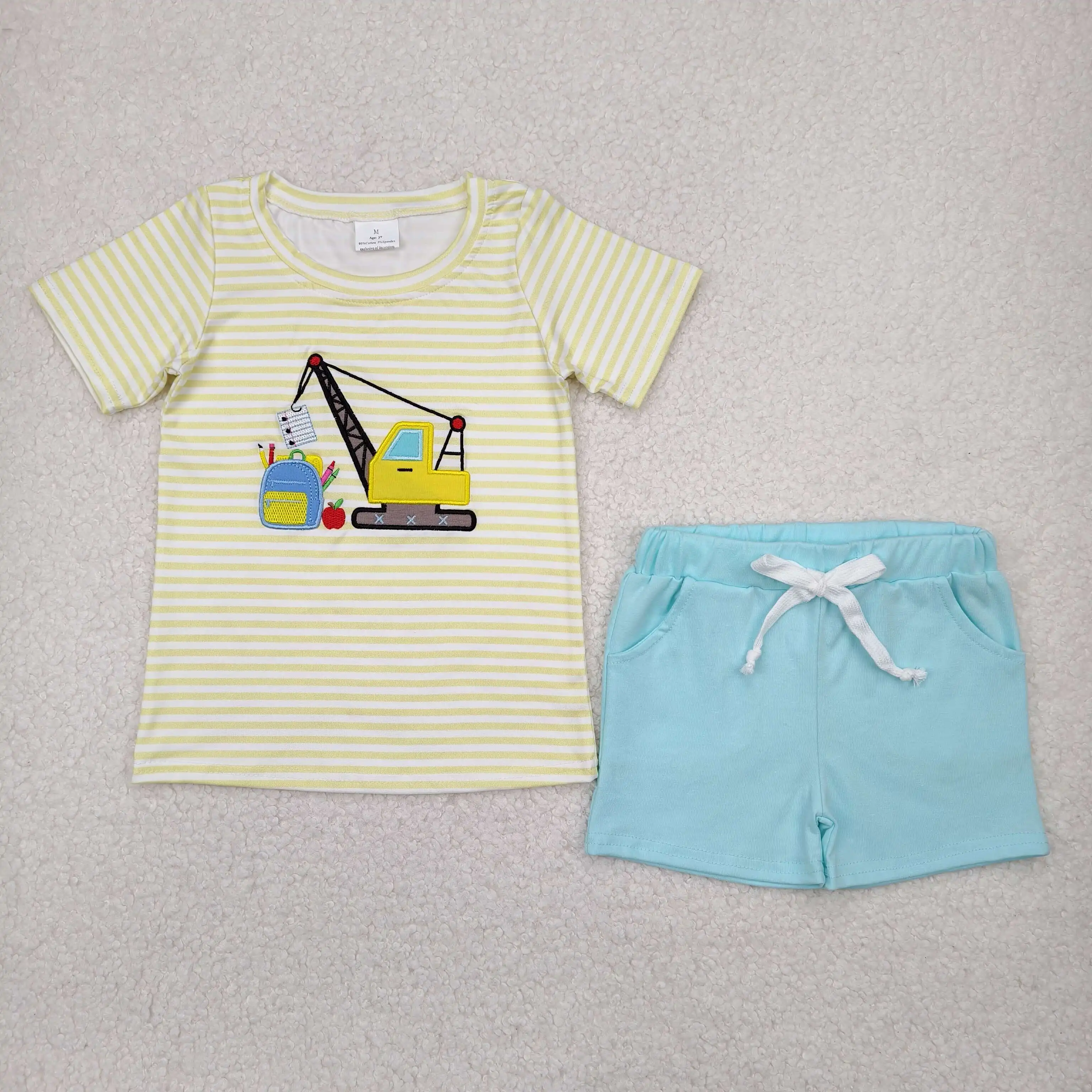 

Hot Sale RTS Western Boutiuqe Outfits Embroidery Baby Boys Back To School Excavator Shirts Top Blue Pockets Shorts Sets