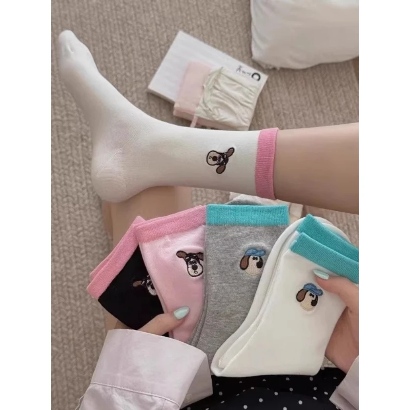 

Embroidery Dog Women Socks Color Matching Cute Cartoon Japanese Kawaii Middle Tube Socks Women Korean Vintage Cotton Long Socks