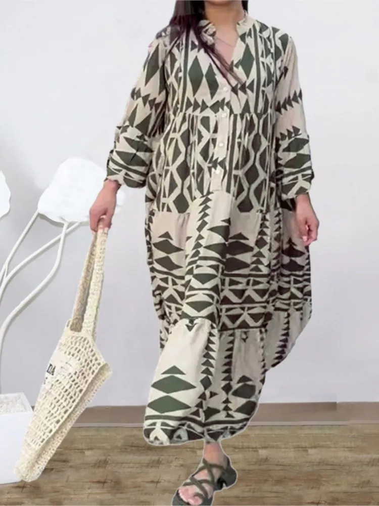 Spring Autumn Women\'s New Fashionable Printed Shirt Skirt Sexy V-neck Nine Quarter Sleeve Bohemian Button Dress