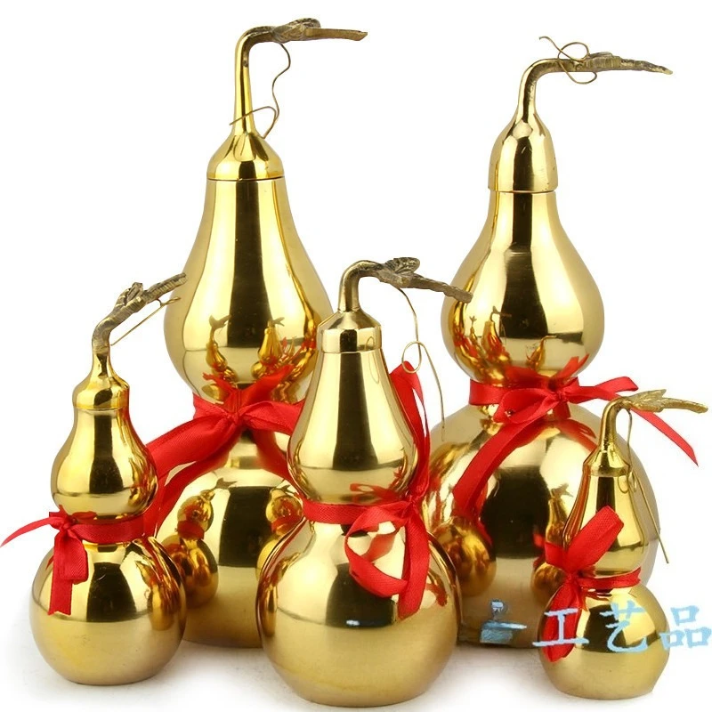 Golden Copper Calabash Wu Lou Statue Red Silk Ribbon Design Lucky Feng Shui Protection House Hanging Tabletop Decor Craft