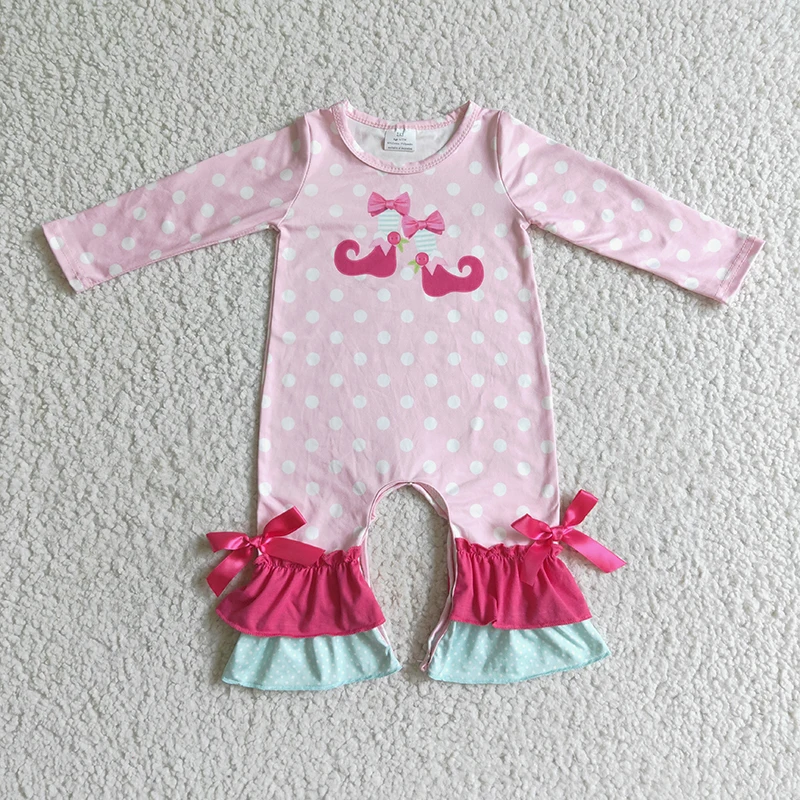 

Baby Girl Christmas Pink Long Sleeve Romper Toddler Shoes Newborn Infant Children Dots Snap Botton Ruffle Pants Kid New Jumpsuit