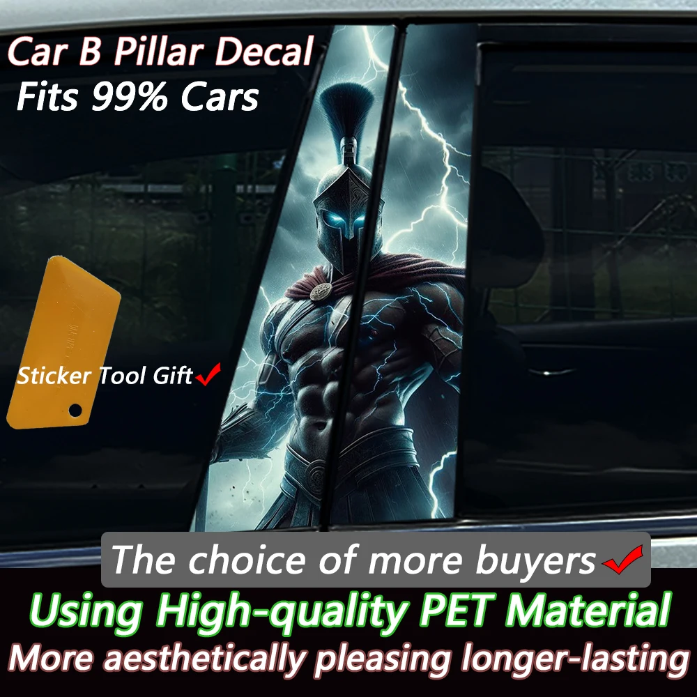 2PCS Ancient Greek Warrior with Lightning Car B Pillar Sticker Waterproof Vinyl Decal Door Column Decor