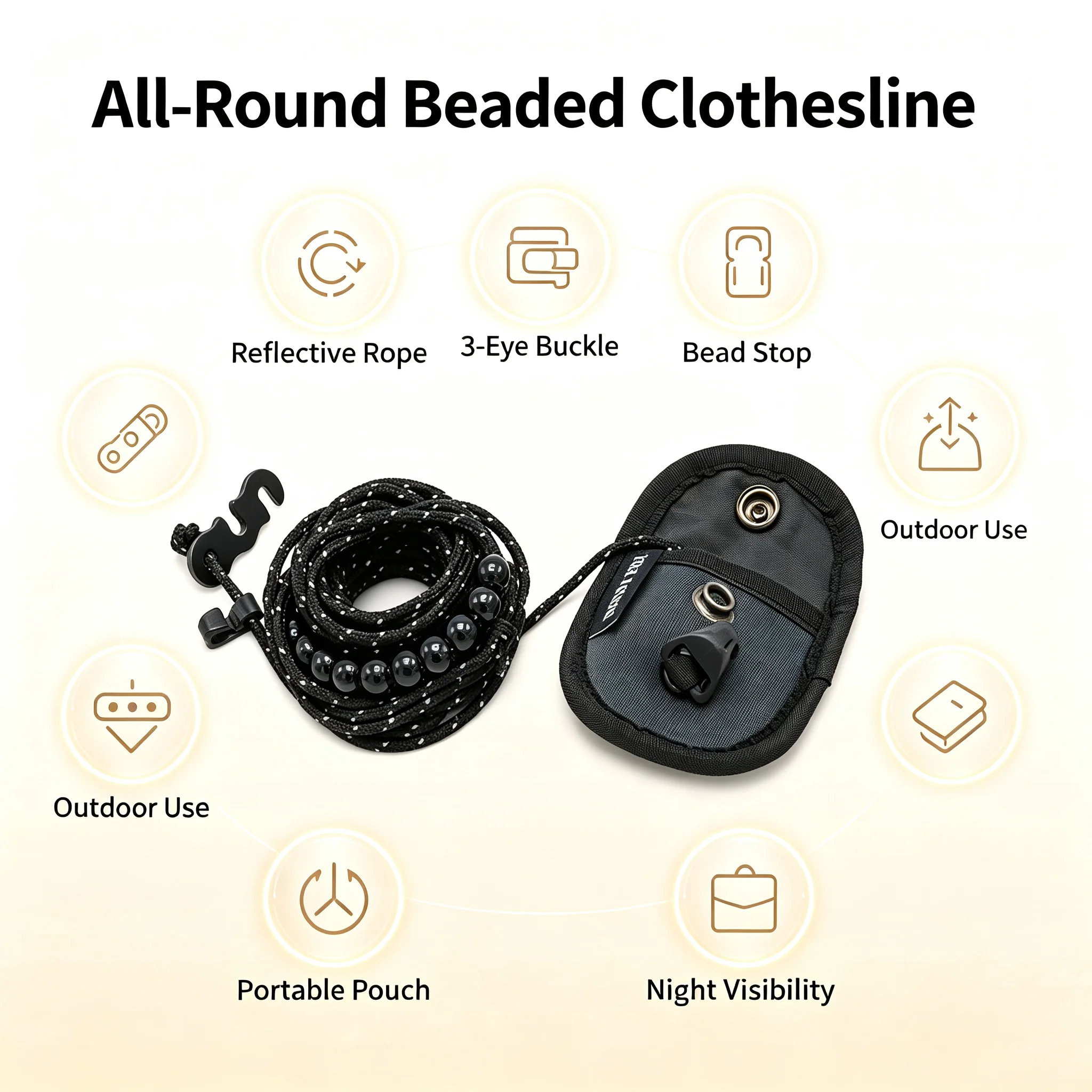 1Pc Outdoor Beaded Clothesline Rope Wear‑Resistant Rope 3‑Eye Buckle, Windproof, Travel Drying