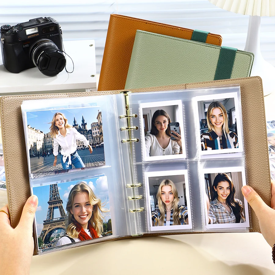 PU Leather Loose Leaf Photo Album with Elastic Strap Clear PP Pocket for 3 5 6 Inch Photos Memory Collection Album Organizer