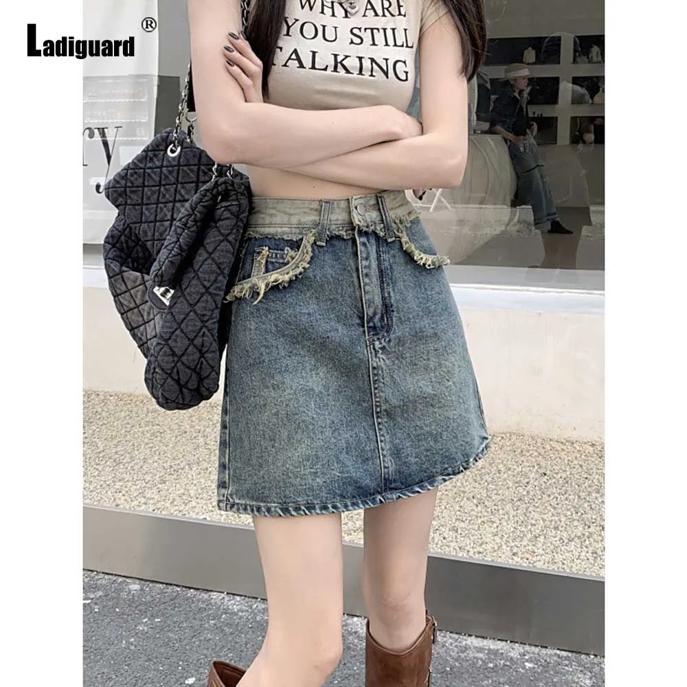 Women Stand Pocket Denim Skirts Clothing 2023 Korean Fashion Tierred Short Jeans Dresses High Cut Skirt Mini Pencil Bodycon