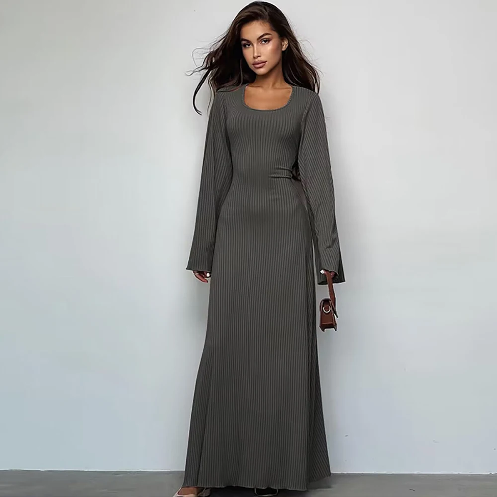 Robe décontractée pour femmes, col en U, ligne A, Slim, élastique, cloche, manches longues, sangle arrière, lacets, longueur cheville, couleur unie, robe Maxi Daliy