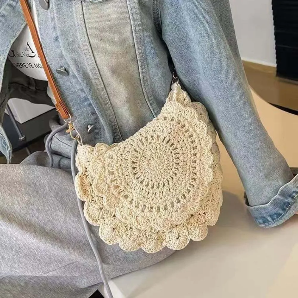 زهرة حافة خيط القطن حقيبة من القماش الرجعية سعة كبيرة القش Crossbody الحقيبة خفيفة الوزن تنفس الصيف الشاطئ الوجه الحقيبة