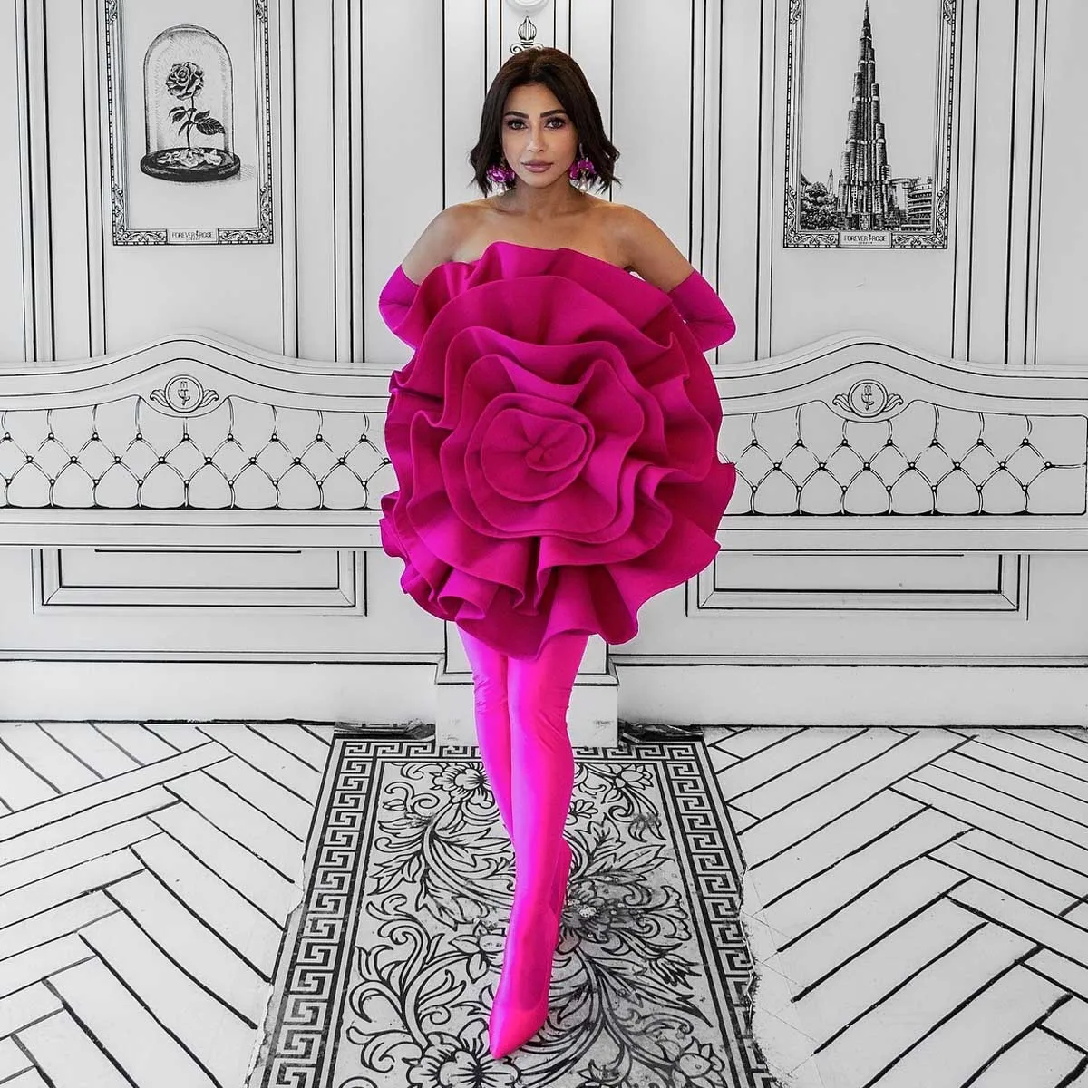 

Chic Fuchsia Big Flower Mini Dress Custom Made 3D Rose Floral Short Cocktail Party Dresses Mini Prom Gown Hot Pink Flower Dress