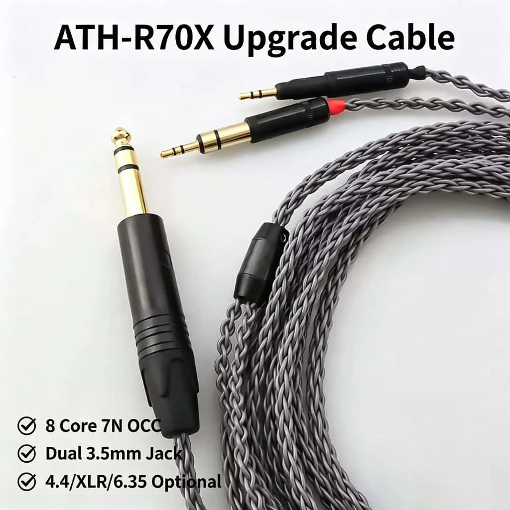 8 Core 7N OCC Silver Plated Headphone Upgrade Cable for ATH-R70X Dual 3.5mm 4.4mm 6.35mm XLR Balanced Replacement Cord