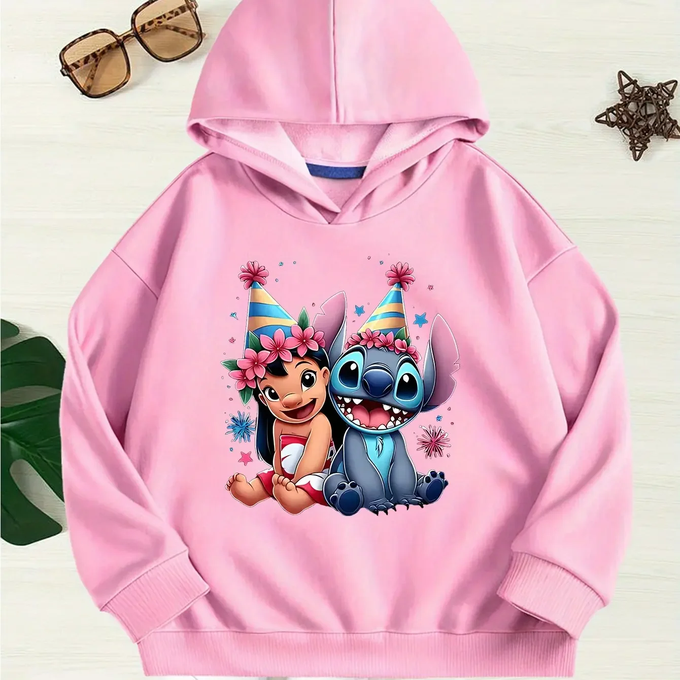 Disney's Playful Stitch Birthday Hat Print Children's Fashion Sweatshirt Cute Lilo for Boys Girls Warm Comfortable Autumn Winter