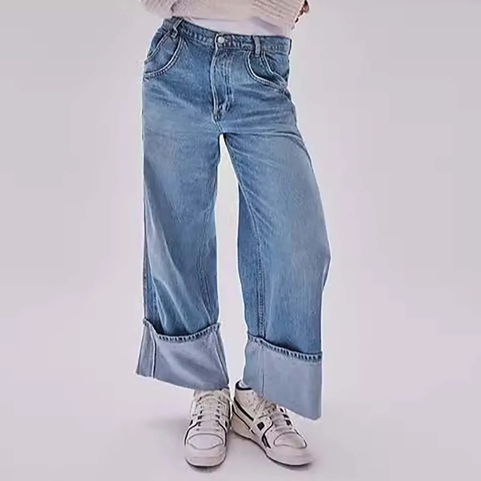 

Fashion Women High Waist Rise Cuffed Jeans Y2k Vintage Boyfriend Loose Wide Leg Denim Casual Trendy Streetwear Pant For Female