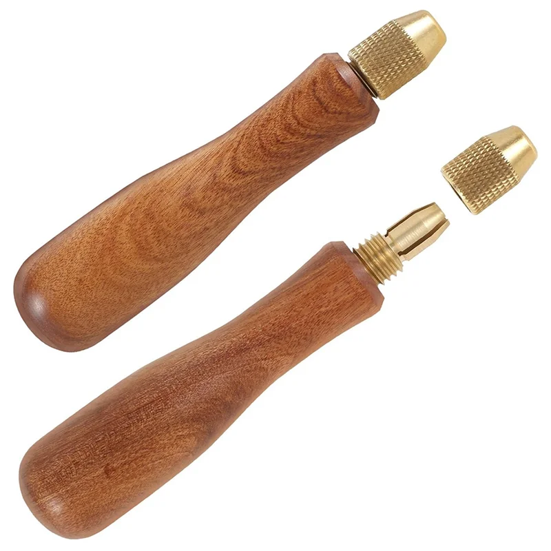 ABLN-2Pcs Wood File Handle Hand Drill File Handle With Brass Collet Chuck Wooden Handle For Hand Drill File Handle