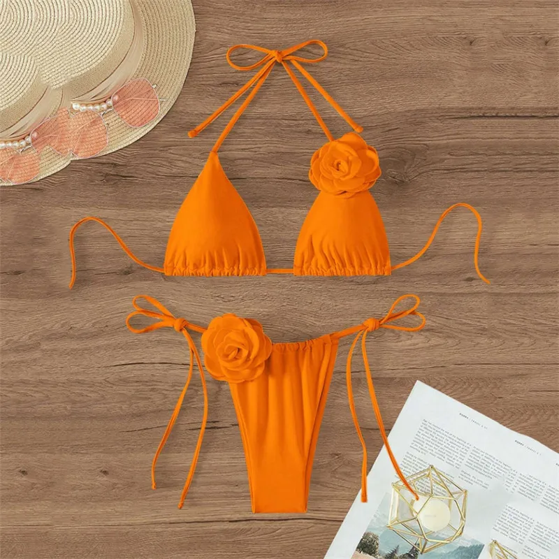 3D Bloem Witte Driehoek String Halter Bikini 2025 Mujer Badmode Vrouwen Sexy Badpakken Badpak Braziliaanse Bikini Set Bader