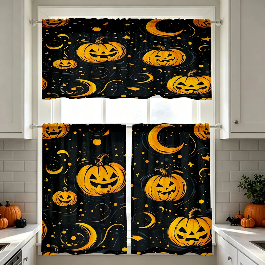 Halloween Fall Kitchen Curtains, Gold Pumpkin Moon Star, Digital Print, Kitchen Dining Room, Rod Pocket Polyester, Home Decor