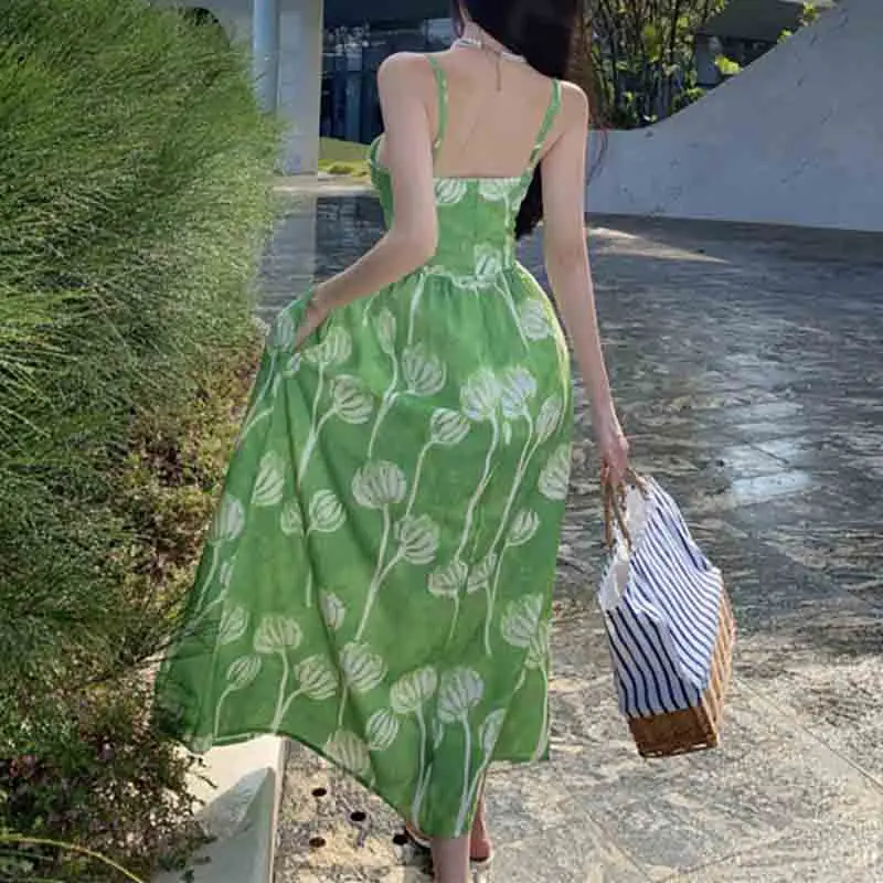 Elegant Green Printing Dress Women's Summer Seaside Beach High Waist Long Dresses 2024 New Fashion Casual Oliday Dress