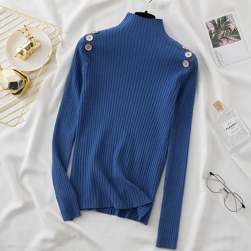 Turtleneck Sweater Mujer 2023 Autumn Winter Womens Clothes Button Pullover Sweaters Women Long Sleeve Slim Knitted Tops Female