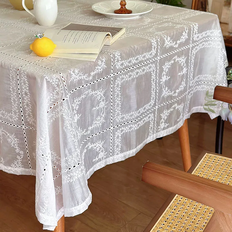 1Piece French Romantic Retro Court Style White Lace Embroidered Tablecloth Rectangular Coffee Table Tablecloth Dustproof Cloth 5