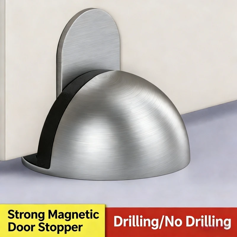 No-Punch Magnetic Door Stopper - Stainless Steel, Rubber Flo