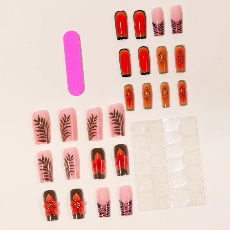 24PCS Tropical Medium Square False Nails Black Zebra Print French Orange Smudging 3D Flowers Press on Nails Full Cover Wearable