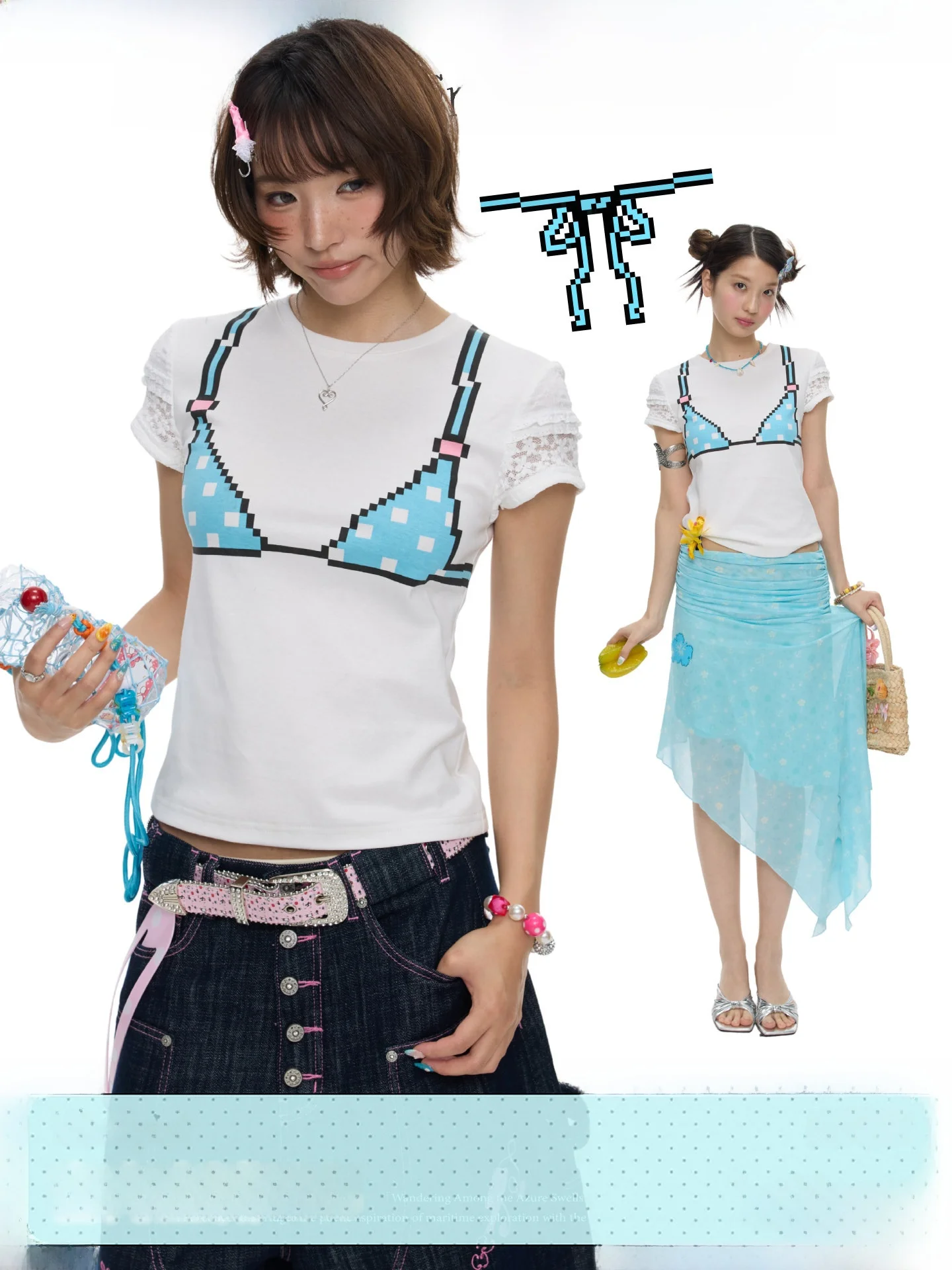 Cute Summer White Graffiti Design Pixel Bean Short Sleeve T-Shirt New Style Women's Fashion Cotton Polyester round Neck Top