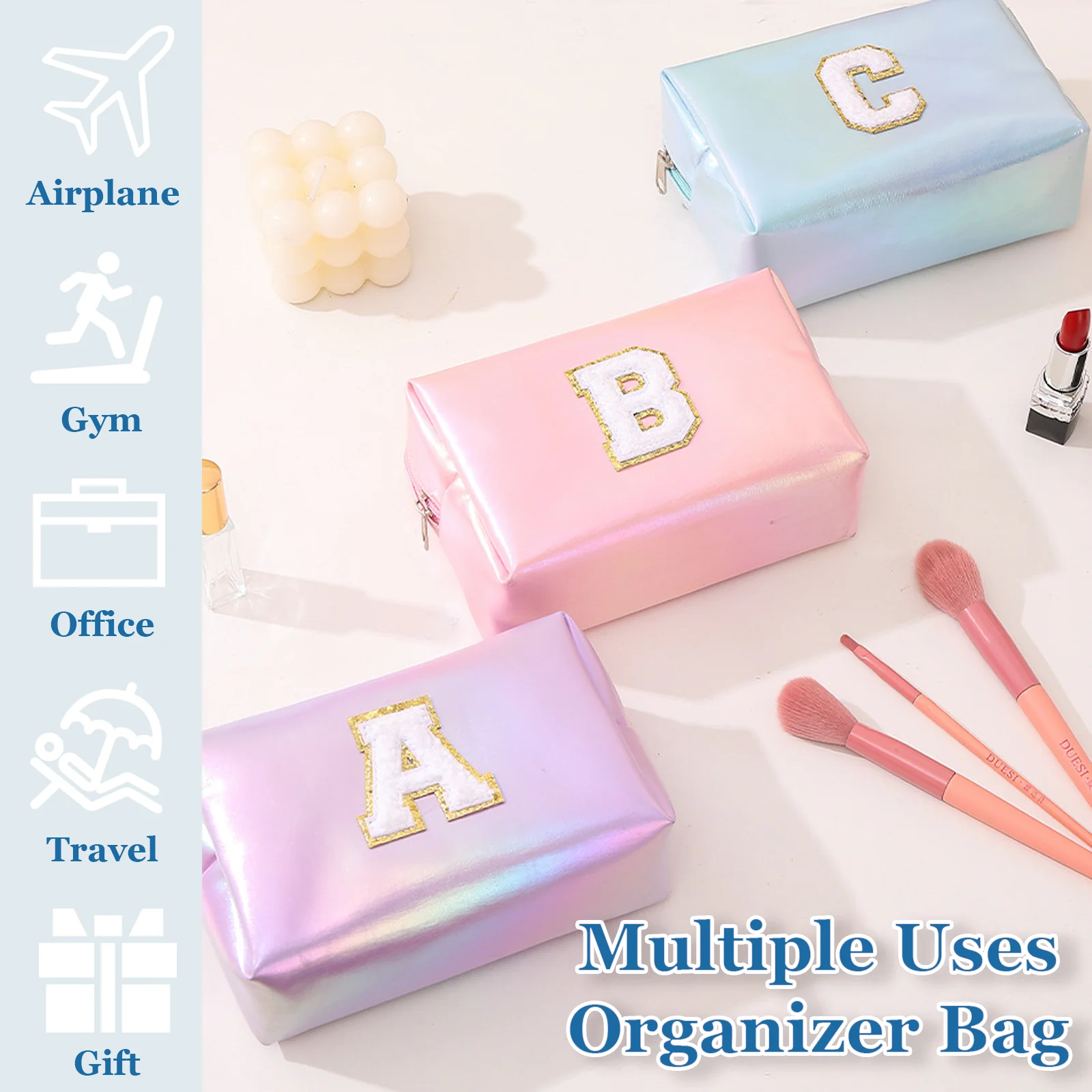 ส่วนบุคคลกระเป๋าแต่งหน้าเริ่มต้น,Letter Zipper กระเป๋าเครื่องสําอางสําหรับสตรี,Preppy กระเป๋าแต่งหน้า,กระเป๋าแต่งหน้า,กระเป๋าเดินทางแต่งหน้า